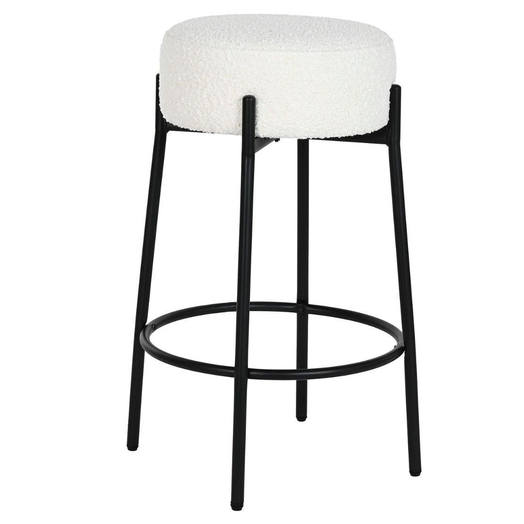 Contemporary White Boucle Polyester Stool with Black Metal Frame