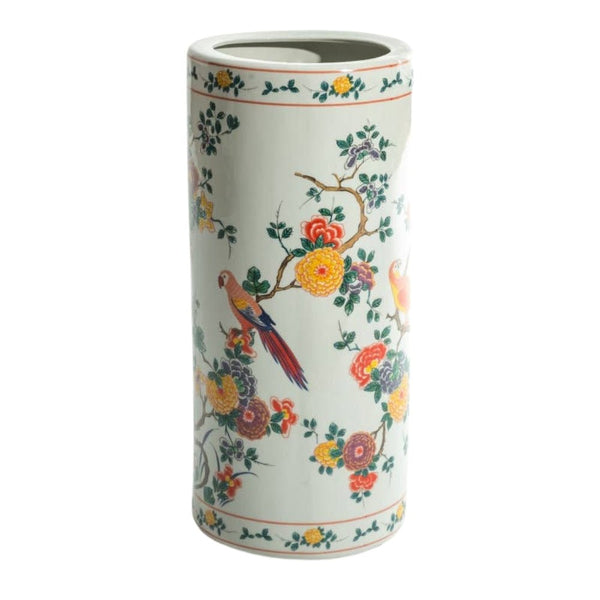 White Ceramic Umbrella Stand with Floral and Tropical Bird Design