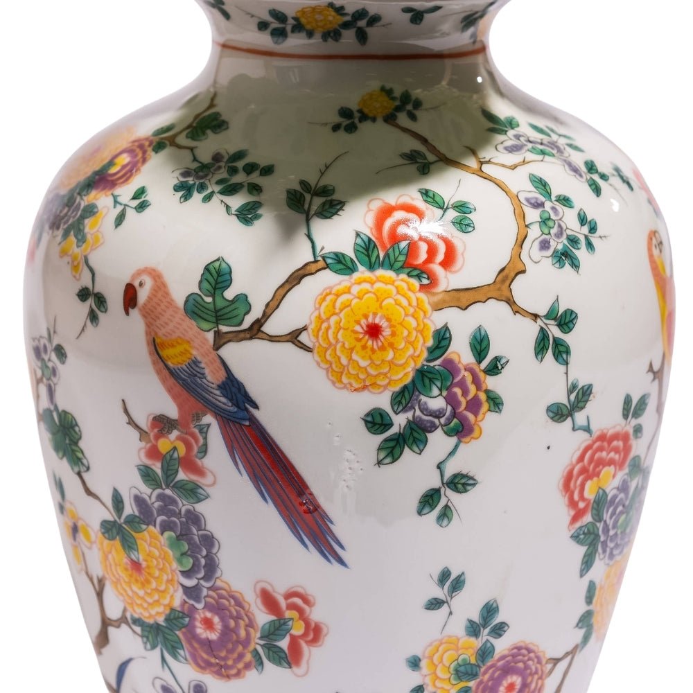White Ceramic Vase with Floral and Tropical Bird Motifs - LUXONAS HOME