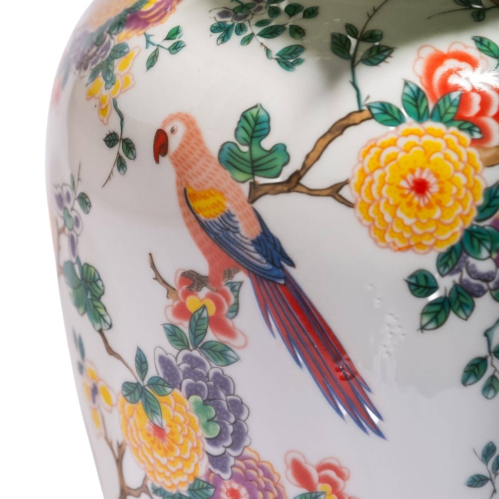 White Ceramic Vase with Floral and Tropical Bird Motifs - LUXONAS HOME