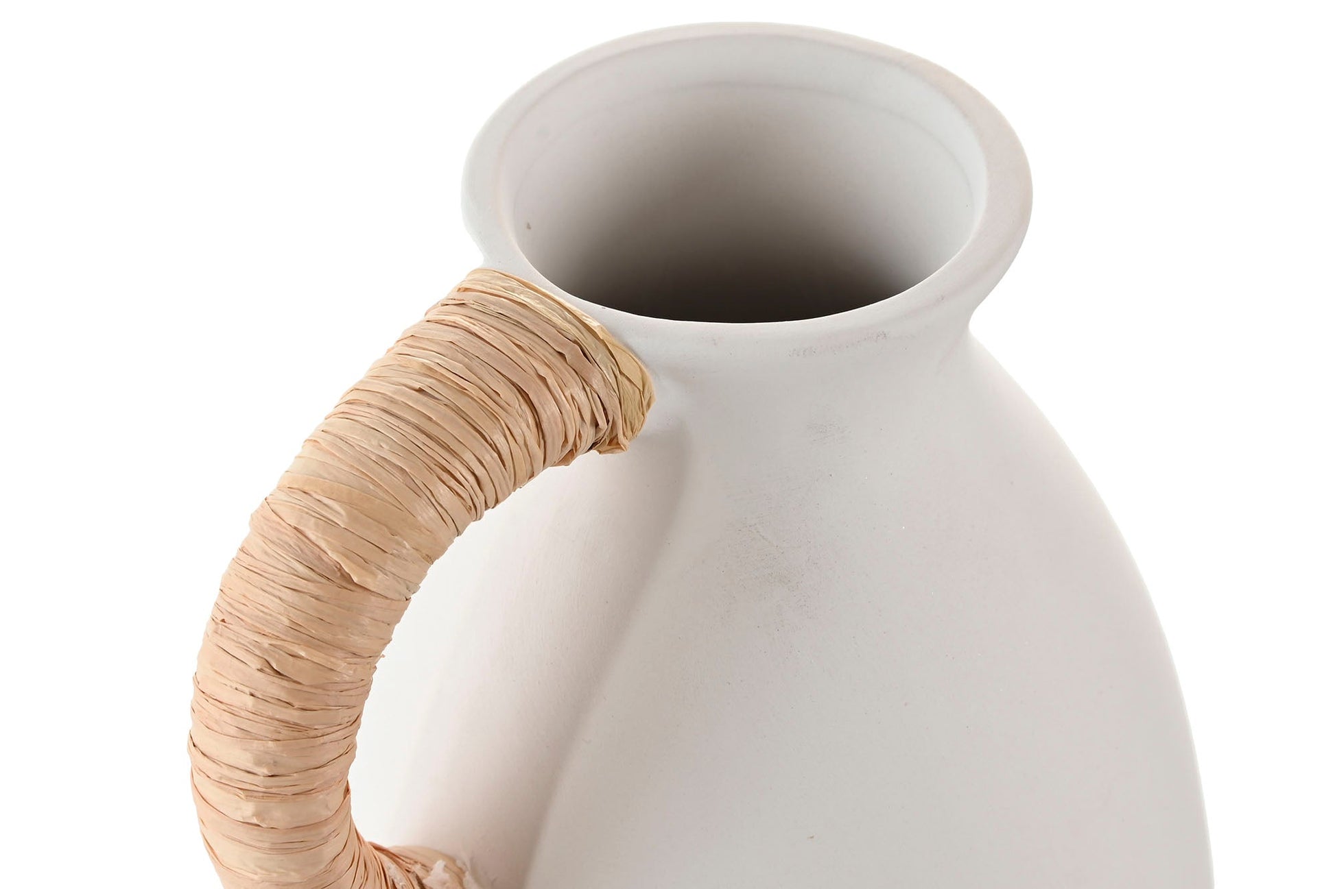 White Ceramic Vase w/Straw Handle - LUXONAS