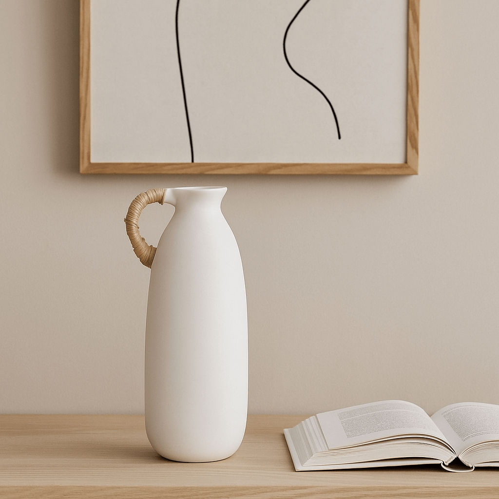 White Ceramic Vase w/Straw Handle - LUXONAS