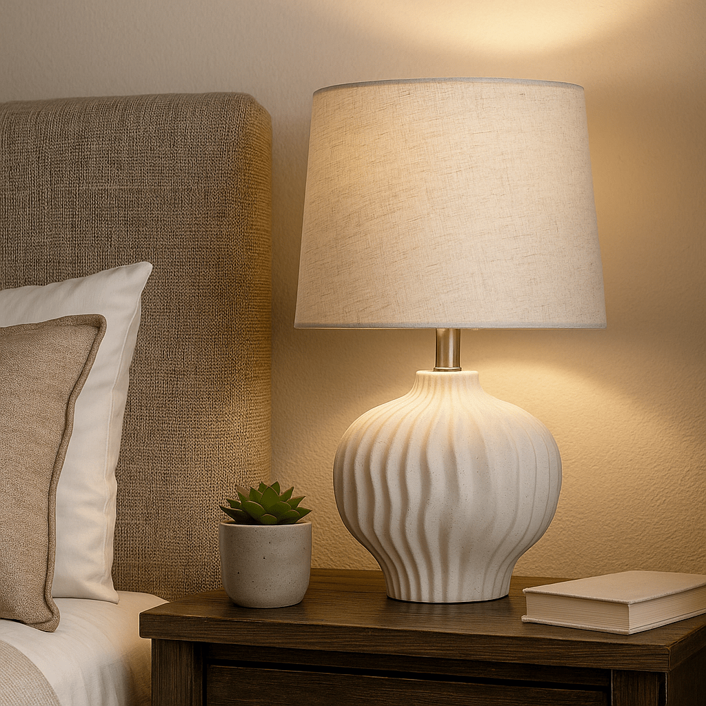 White Ceramic Wave Base Table Lamp - LUXONAS