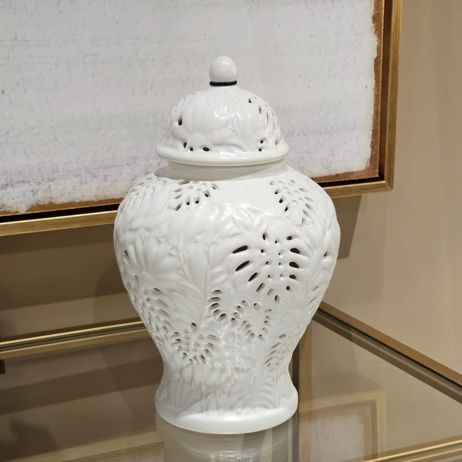 White Filigree Ceramic Small Jar - LUXONAS