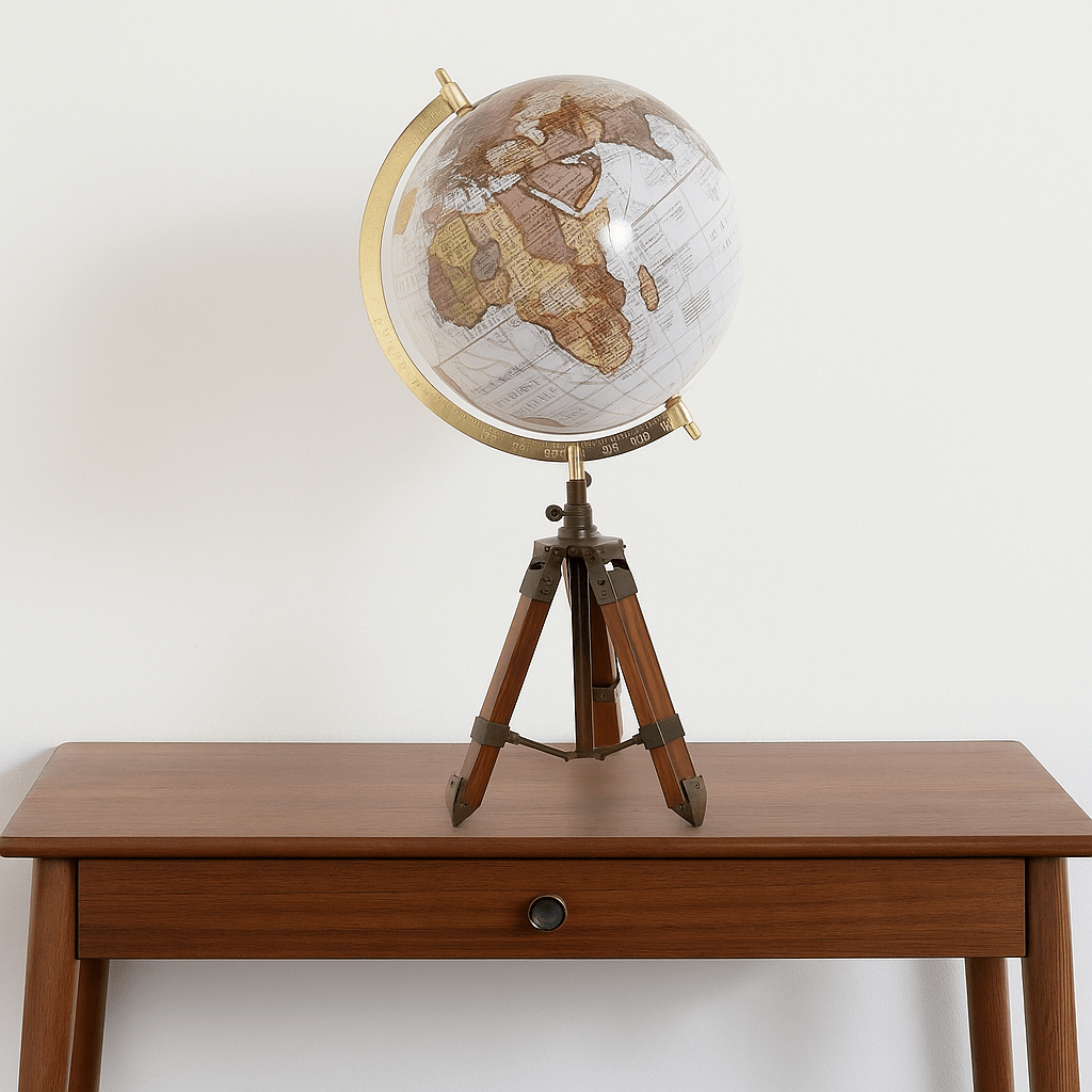 White Globe on Tripod Wooden Legs - LUXONAS