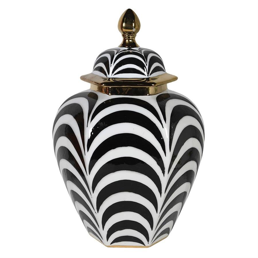 Handmade Black & White Striped Jar with Gold Rim
