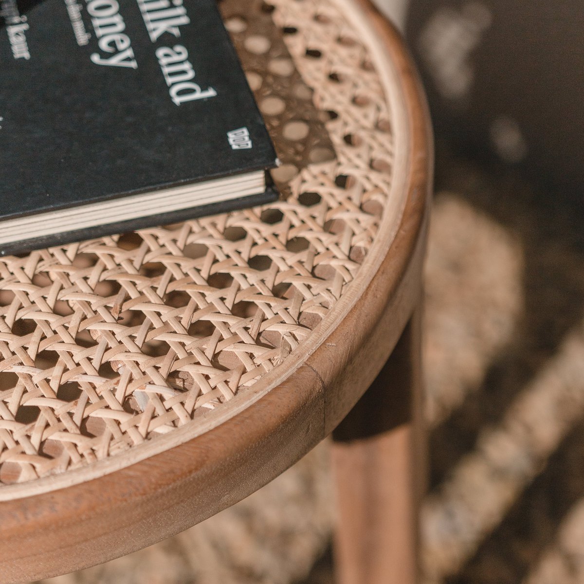 Wooden Stool CARAMIN made of Trembesi with Woven Rattan Seat - LUXONAS HOME