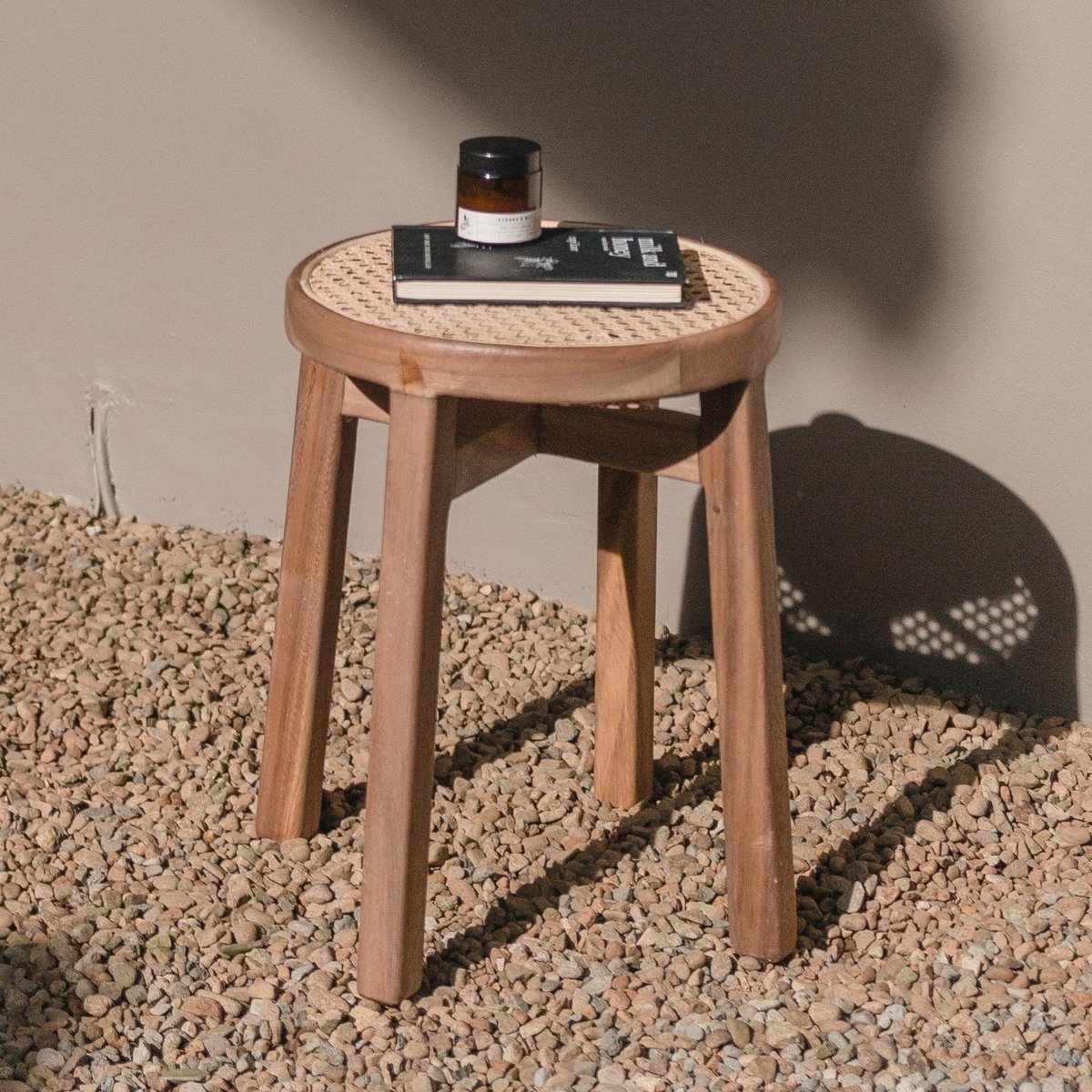 Wooden Stool CARAMIN made of Trembesi with Woven Rattan Seat - LUXONAS HOME