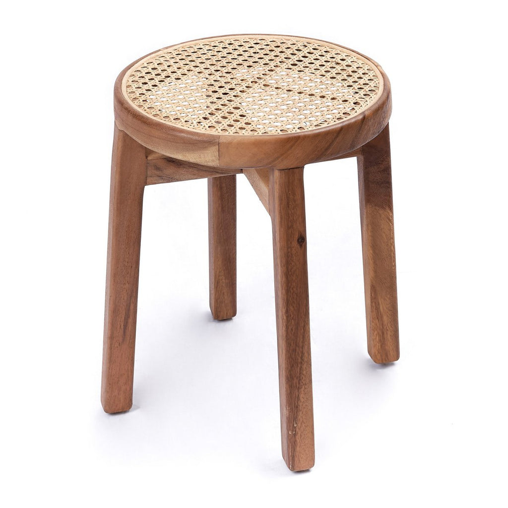 Wooden Stool CARAMIN made of Trembesi with Woven Rattan Seat - LUXONAS HOME