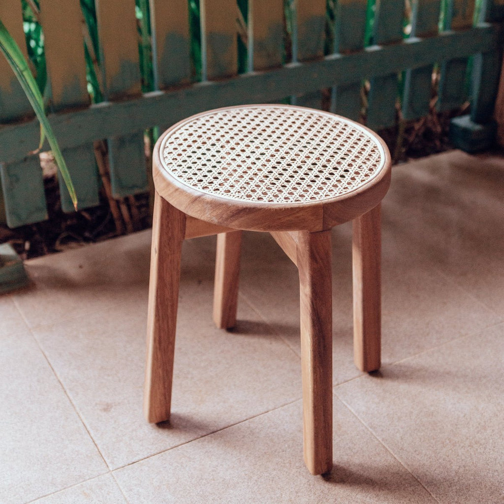 Wooden Stool CARAMIN made of Trembesi with Woven Rattan Seat - LUXONAS HOME
