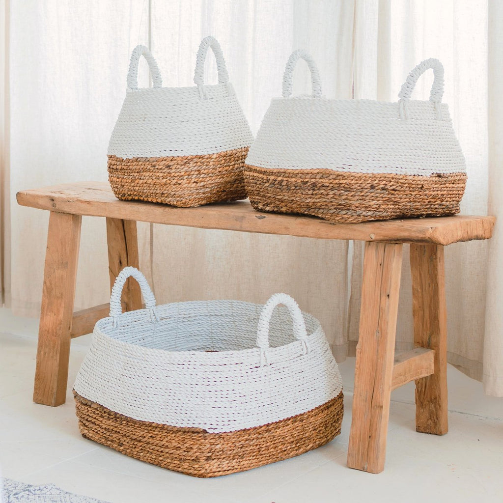 Woven Storage Basket White – Boho Decorative Basket – Square Laundry Basket – Shelf Basket Made of Banana Fibre MAJALENGKA White (3 sizes) - LUXONAS HOME