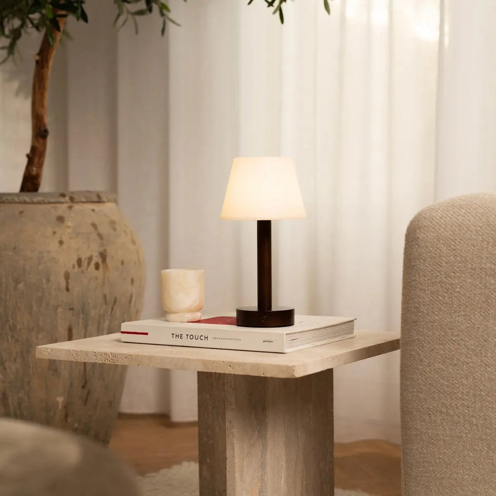 Zoë Dark Brown Wooden Rechargeable Table Lamp | Dimmable, USB - C, 80 - Hour Battery - LUXONAS HOME