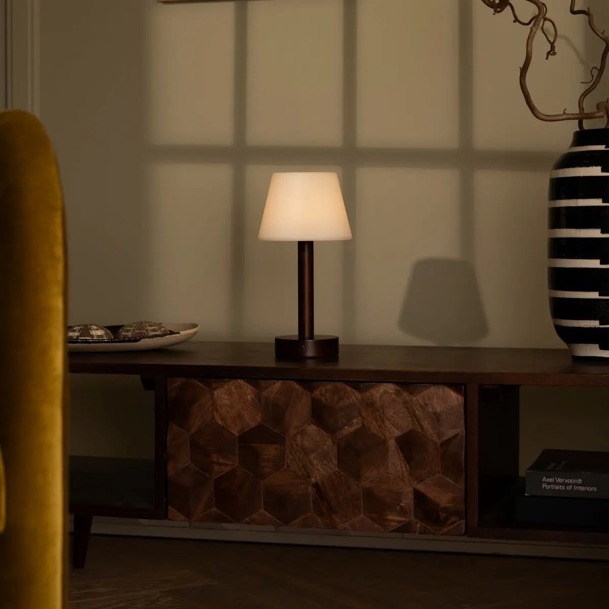 Zoë Dark Brown Wooden Rechargeable Table Lamp | Dimmable, USB - C, 80 - Hour Battery - LUXONAS HOME