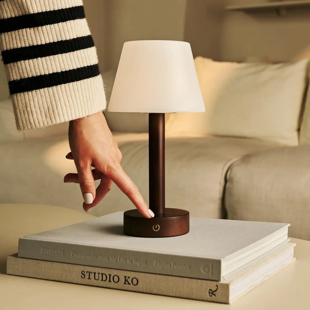 Zoë Dark Brown Wooden Rechargeable Table Lamp | Dimmable, USB - C, 80 - Hour Battery - LUXONAS HOME