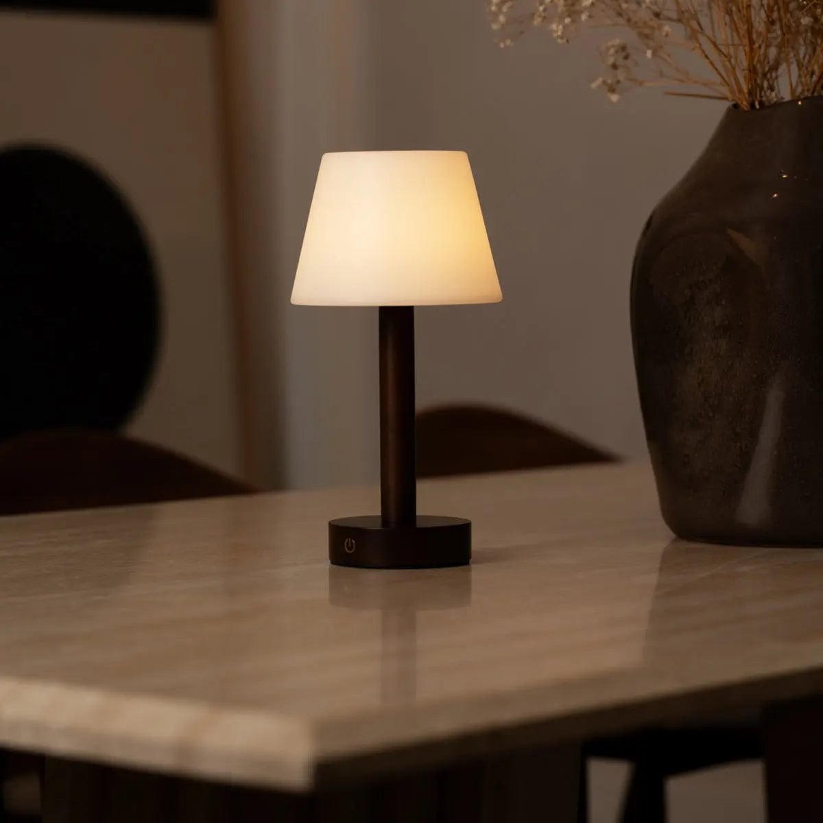 Zoë Dark Brown Wooden Rechargeable Table Lamp | Dimmable, USB - C, 80 - Hour Battery - LUXONAS HOME