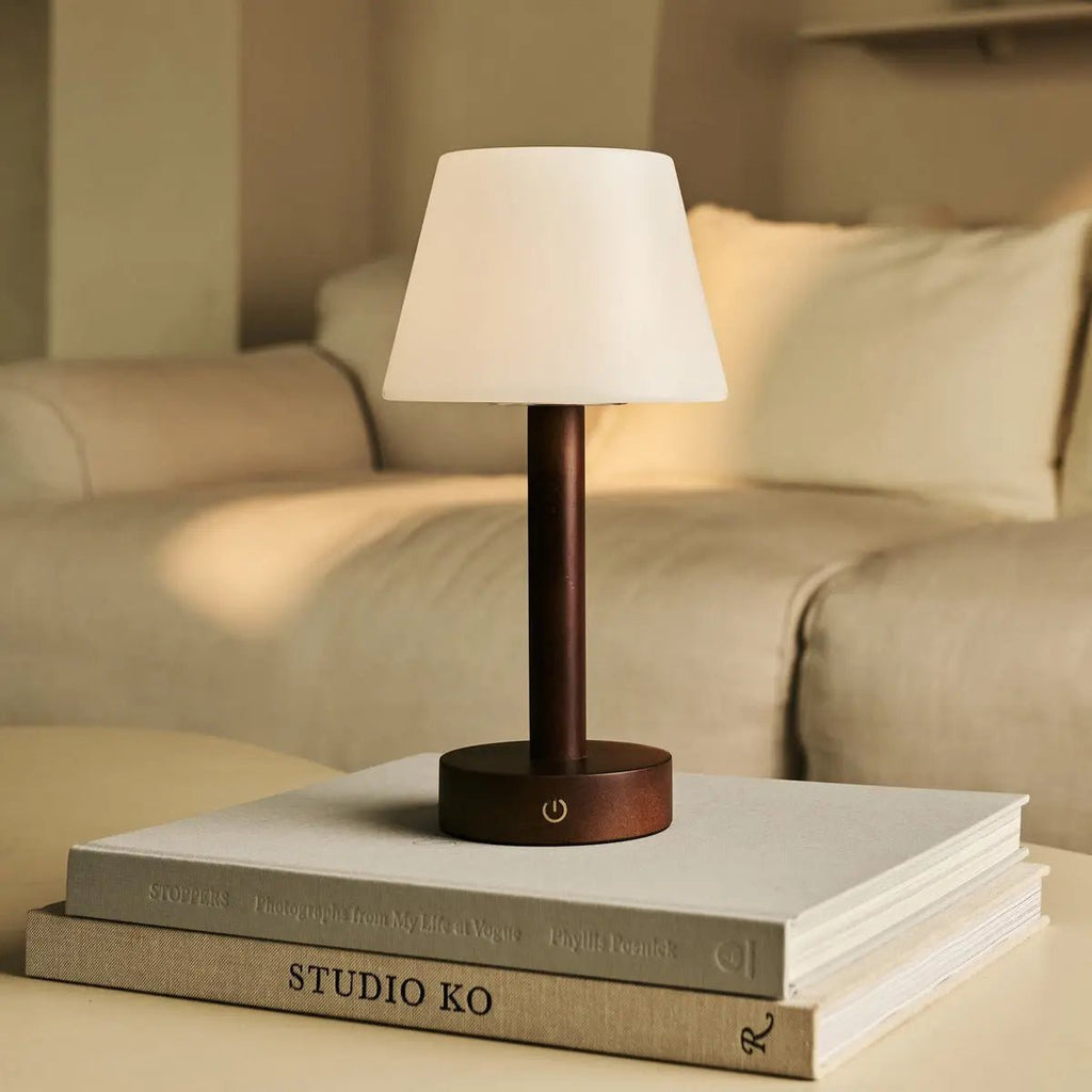 Zoë Dark Brown Wooden Rechargeable Table Lamp | Dimmable, USB - C, 80 - Hour Battery - LUXONAS HOME