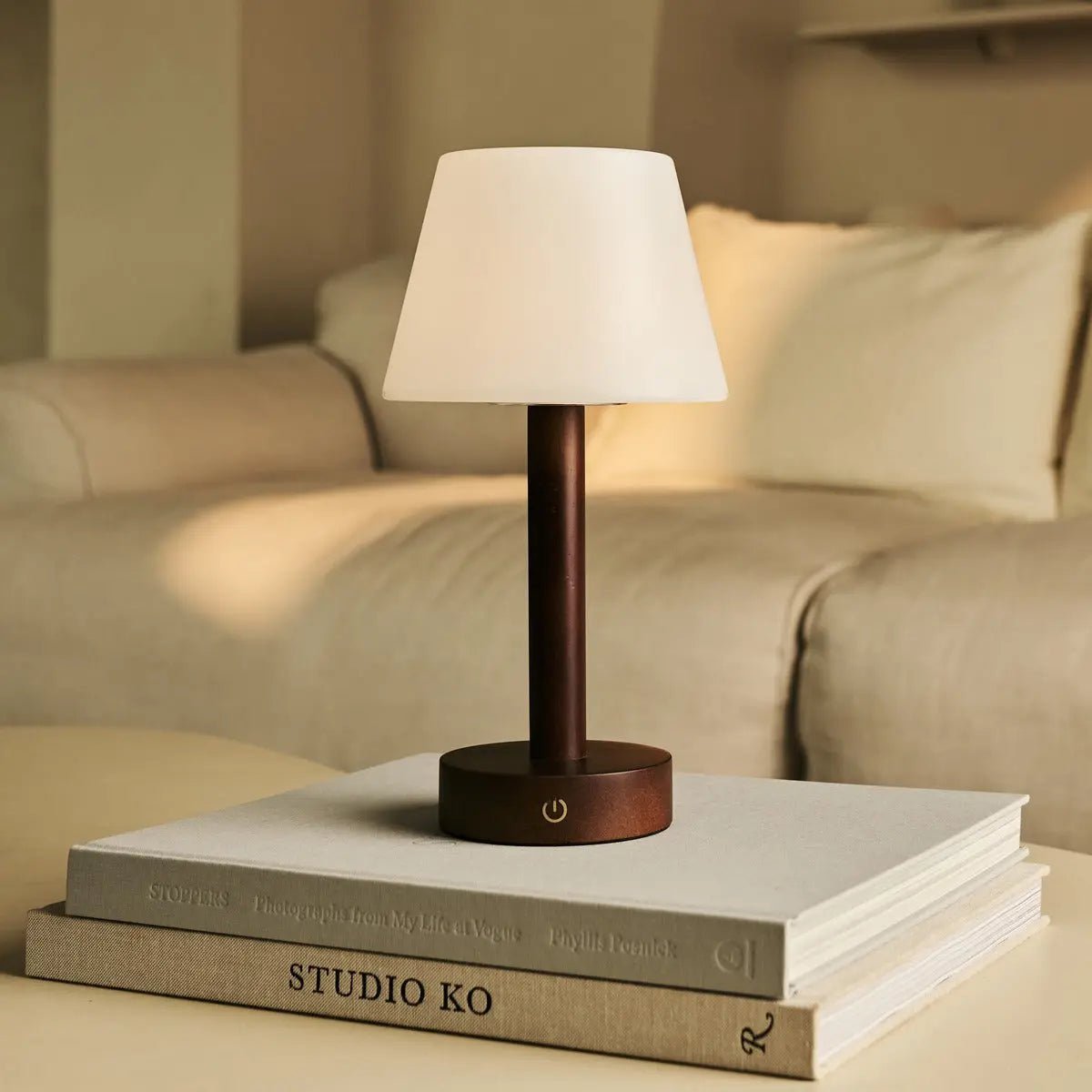 Zoë Dark Brown Wooden Rechargeable Table Lamp | Dimmable, USB - C, 80 - Hour Battery - LUXONAS HOME