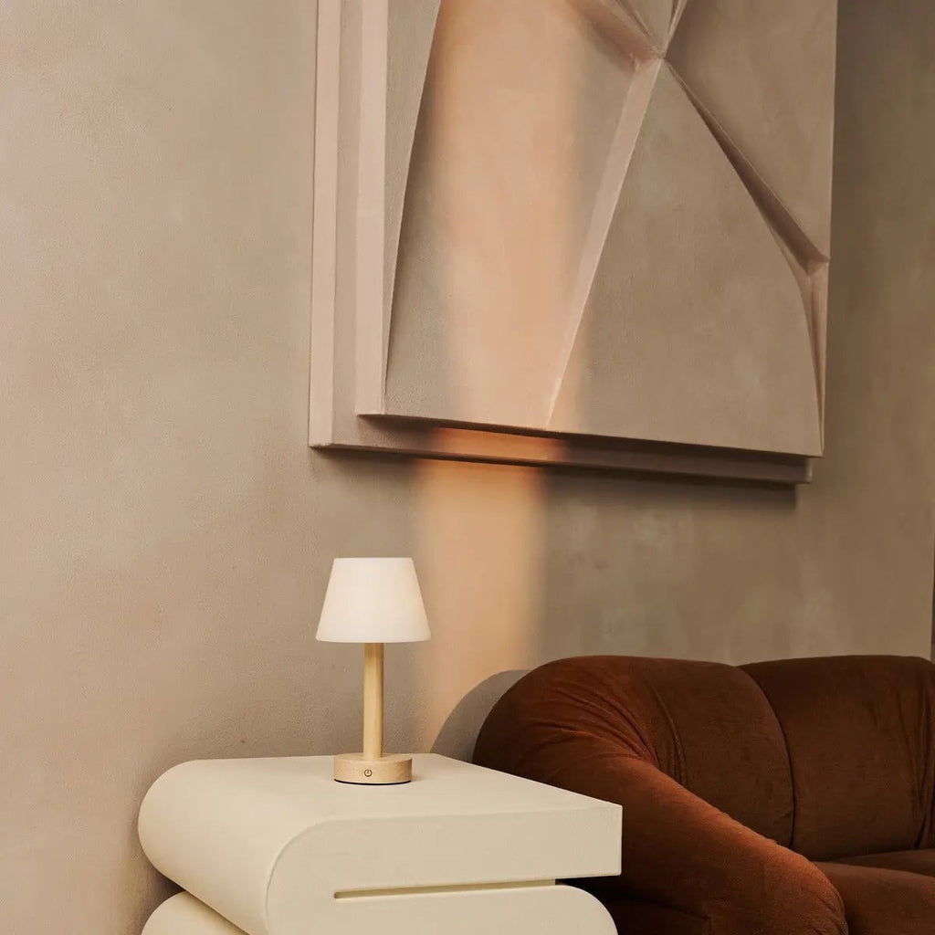 Zoë Light Brown Wooden Rechargeable Table Lamp | Dimmable, USB - C & Up to 80 Hours of Battery Life - LUXONAS HOME