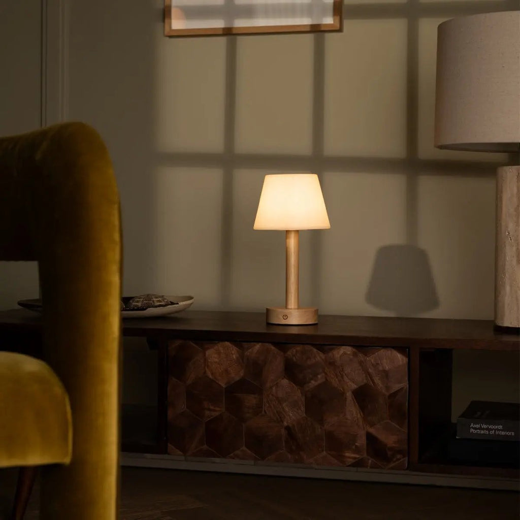 Zoë Light Brown Wooden Rechargeable Table Lamp | Dimmable, USB - C & Up to 80 Hours of Battery Life - LUXONAS HOME