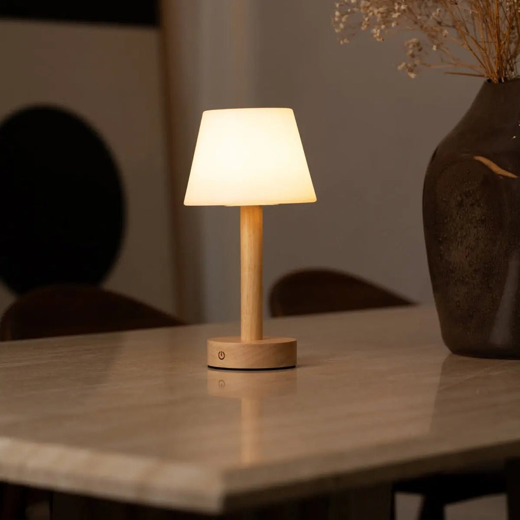 Zoë Light Brown Wooden Rechargeable Table Lamp | Dimmable, USB - C & Up to 80 Hours of Battery Life - LUXONAS HOME